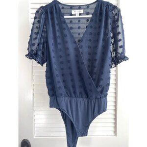 She and Sky Navy Blue Mesh Short Puff Sleeve Polka Dot Body Suit Women's Size S